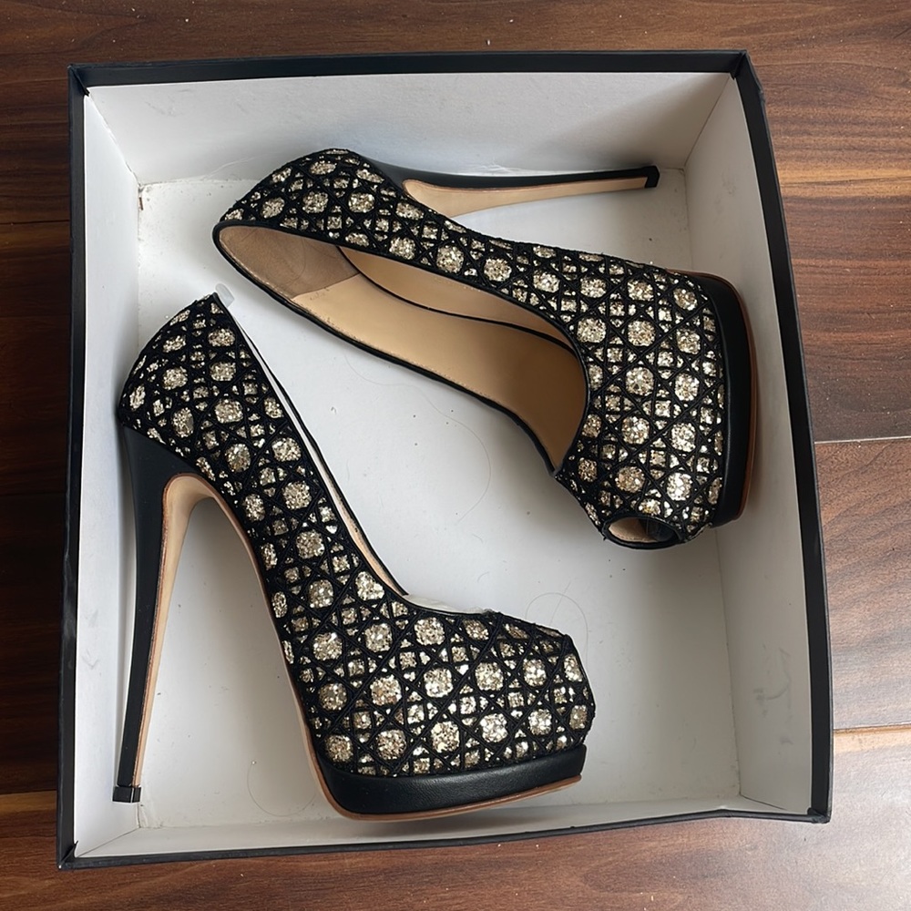 Giuseppe Zanotti Black Sharon Glitter And Lace Peep Toe Platform Pumps Size 37 - Picture 4 of 13